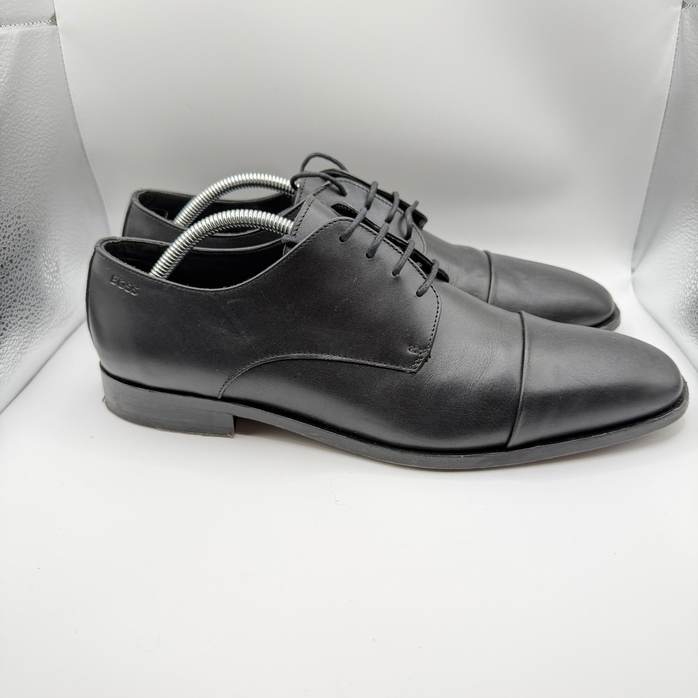 BOSS Hugo Boss Mens 9.5 Black Leather Cap Toe Derby Dress Shoes Made Portugal